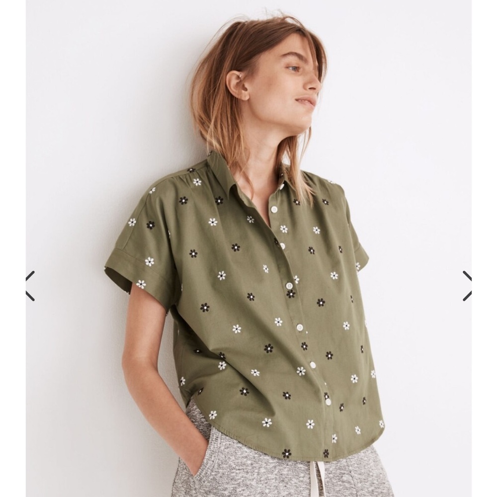 Daisy forever embroidered olive green shirt madewell smalll